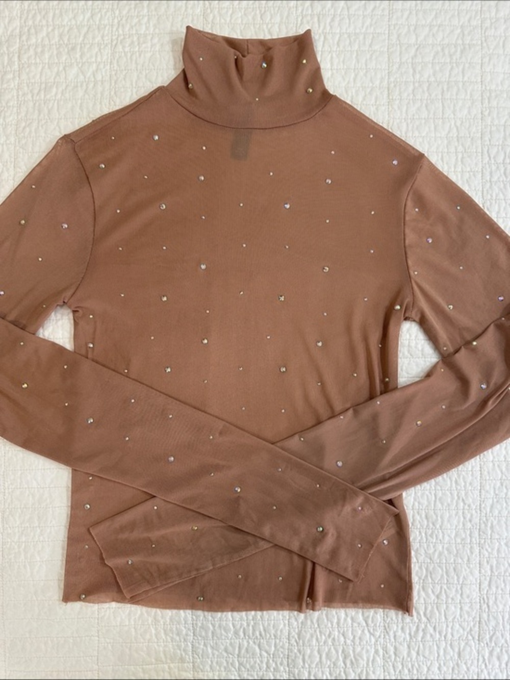 Rhinestone XXS Mock Neck Long Sleeve Top Crystal Nude